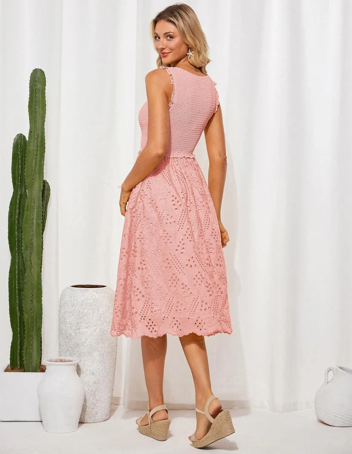 GRACE KARIN 2025 Womens Dress Summer Sleeveless Casual Vacation Embroidered Midi Dress with Pockets
