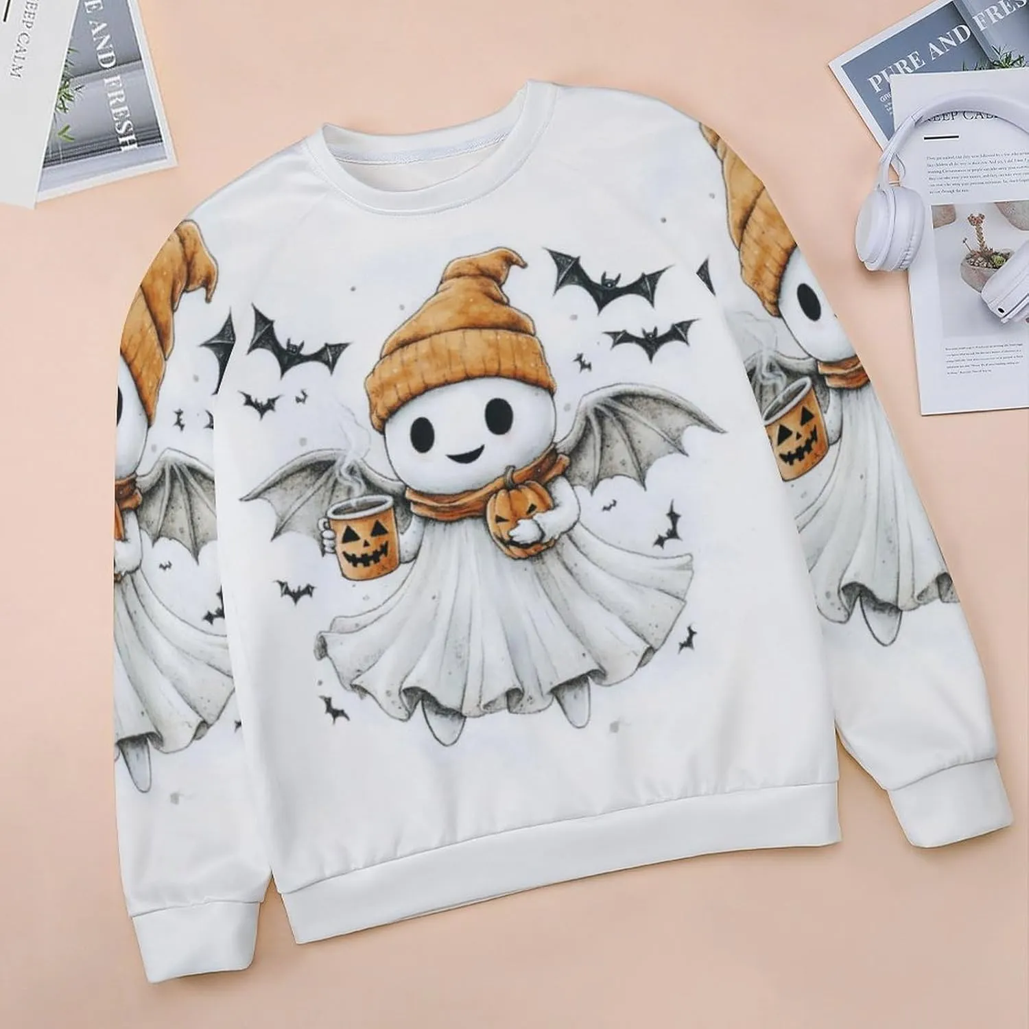 Halloween Spooky Season Cute Ghost Coffee Oversized Sweatshirt for Women Crewneck Long Sleeve Funny Fall Tops