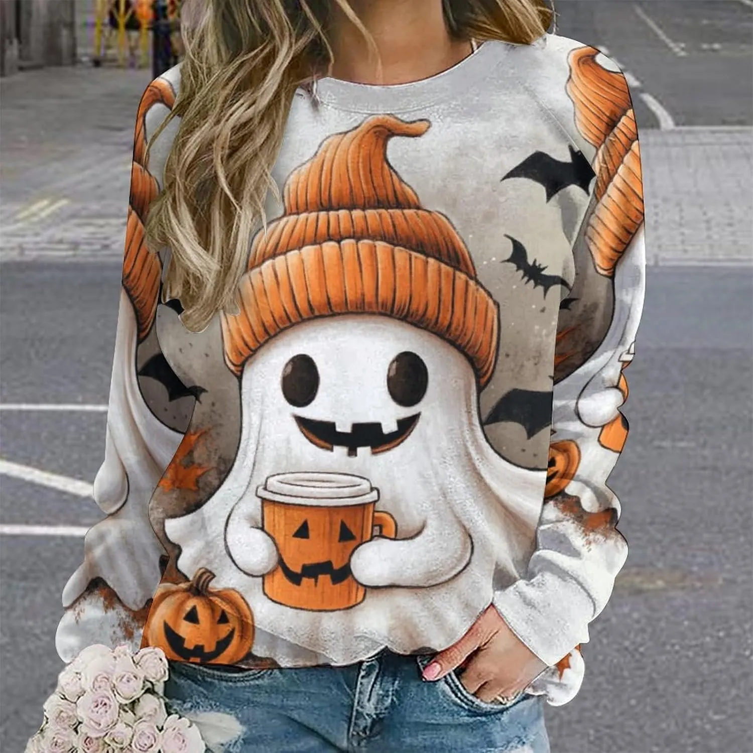 Halloween Spooky Season Cute Ghost Coffee Oversized Sweatshirt for Women Crewneck Long Sleeve Funny Fall Tops