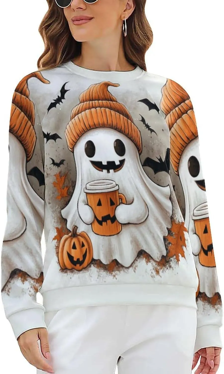 Halloween Spooky Season Cute Ghost Coffee Oversized Sweatshirt for Women Crewneck Long Sleeve Funny Fall Tops