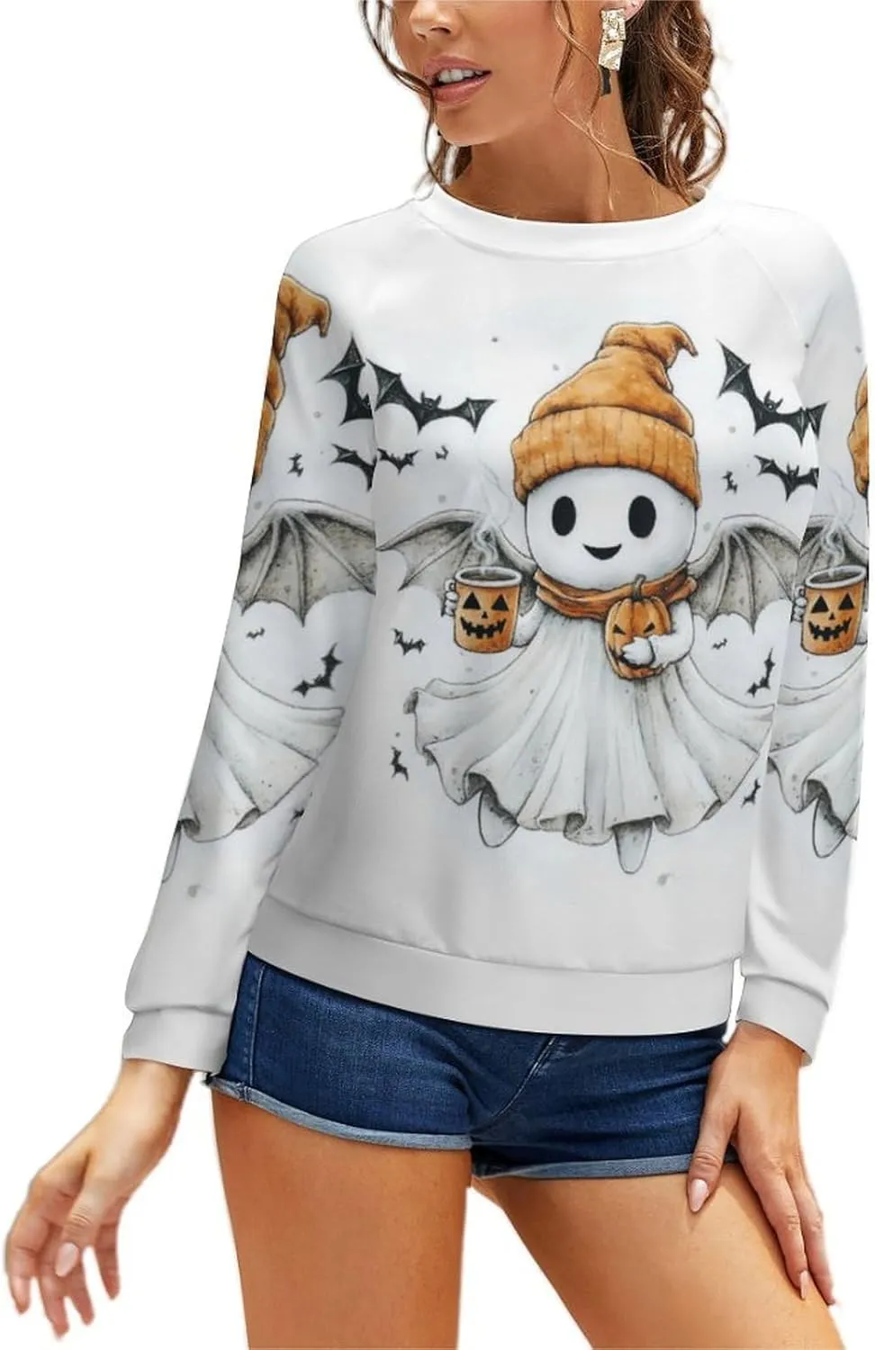 Halloween Spooky Season Cute Ghost Coffee Oversized Sweatshirt for Women Crewneck Long Sleeve Funny Fall Tops