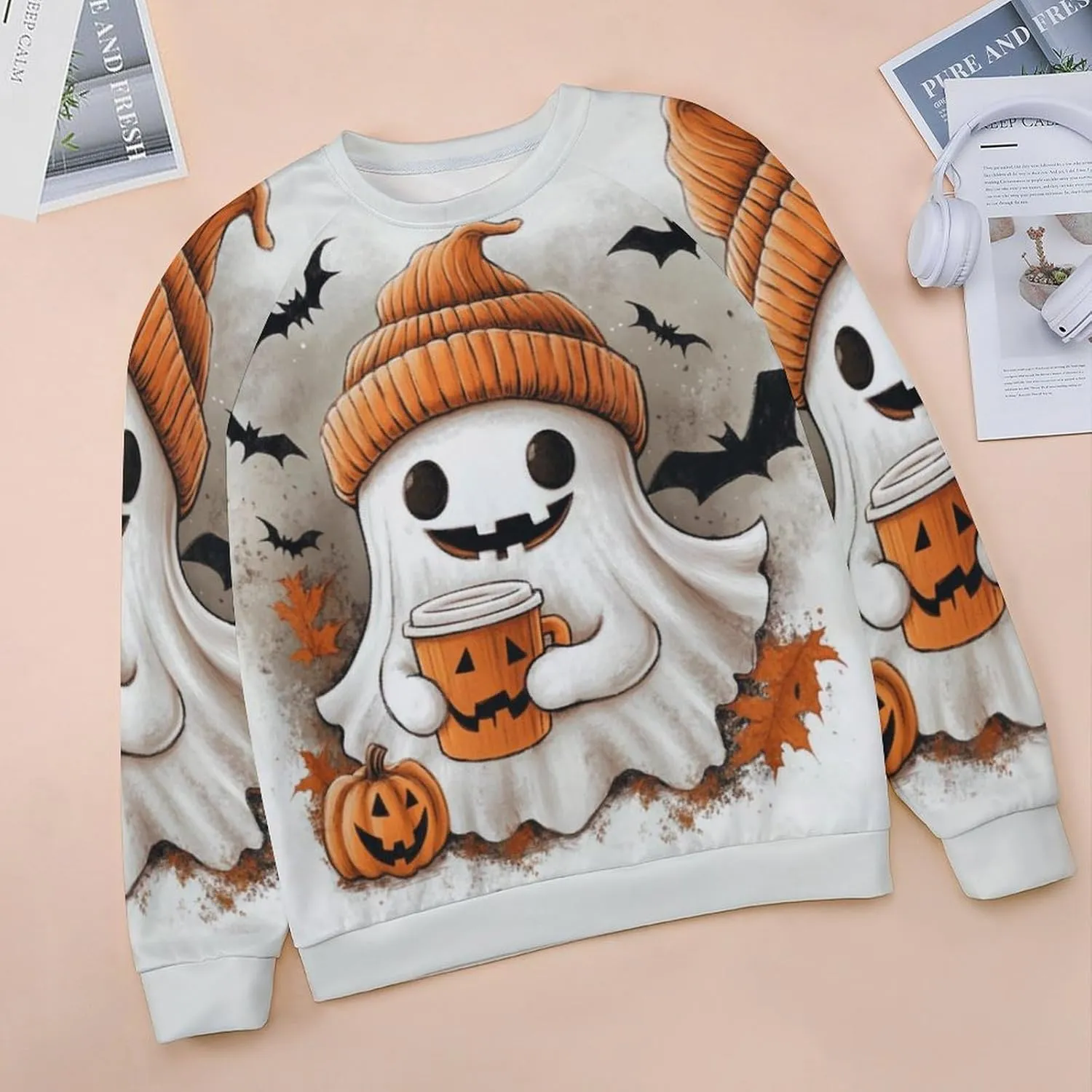 Halloween Spooky Season Cute Ghost Coffee Oversized Sweatshirt for Women Crewneck Long Sleeve Funny Fall Tops
