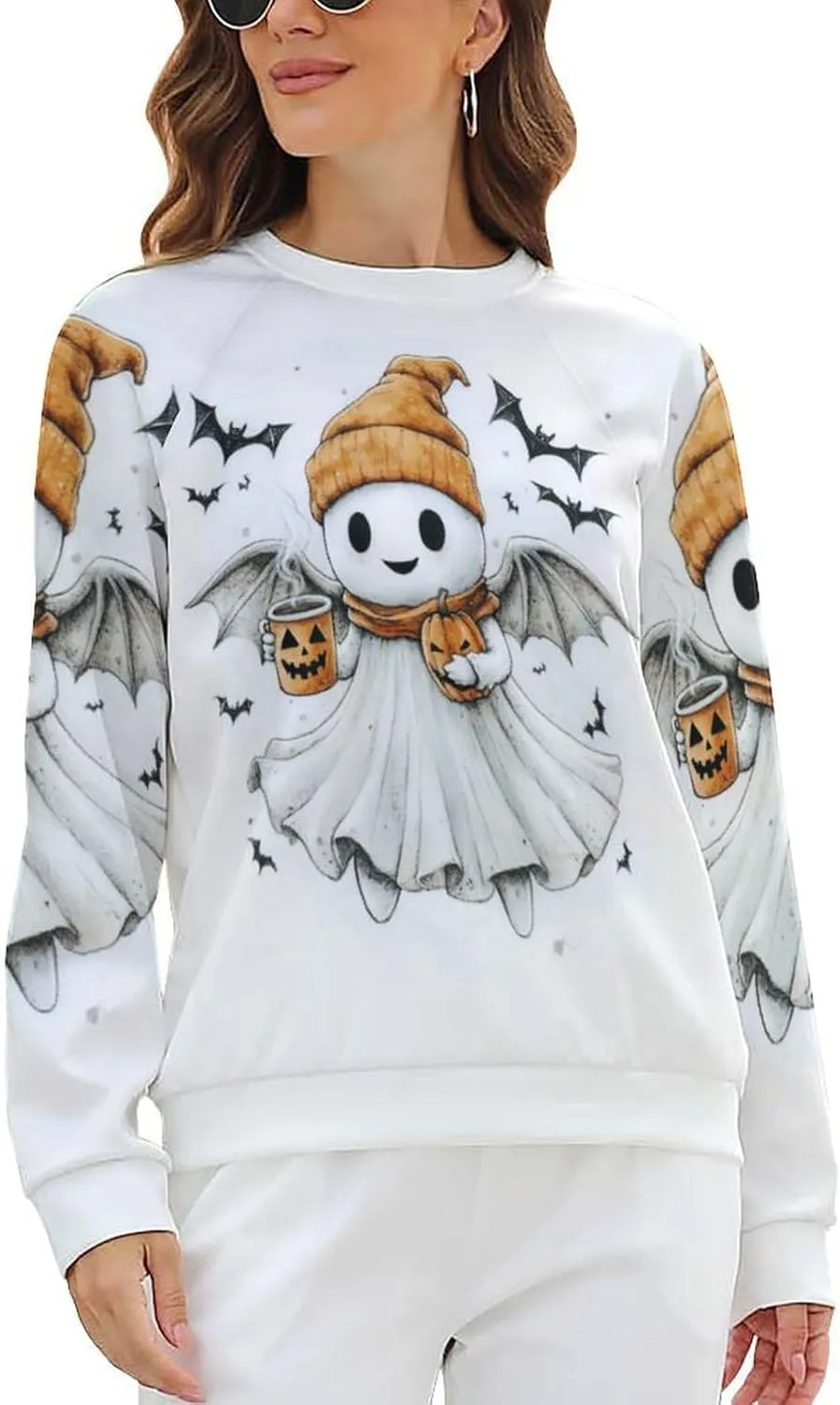 Halloween Spooky Season Cute Ghost Coffee Oversized Sweatshirt for Women Crewneck Long Sleeve Funny Fall Tops