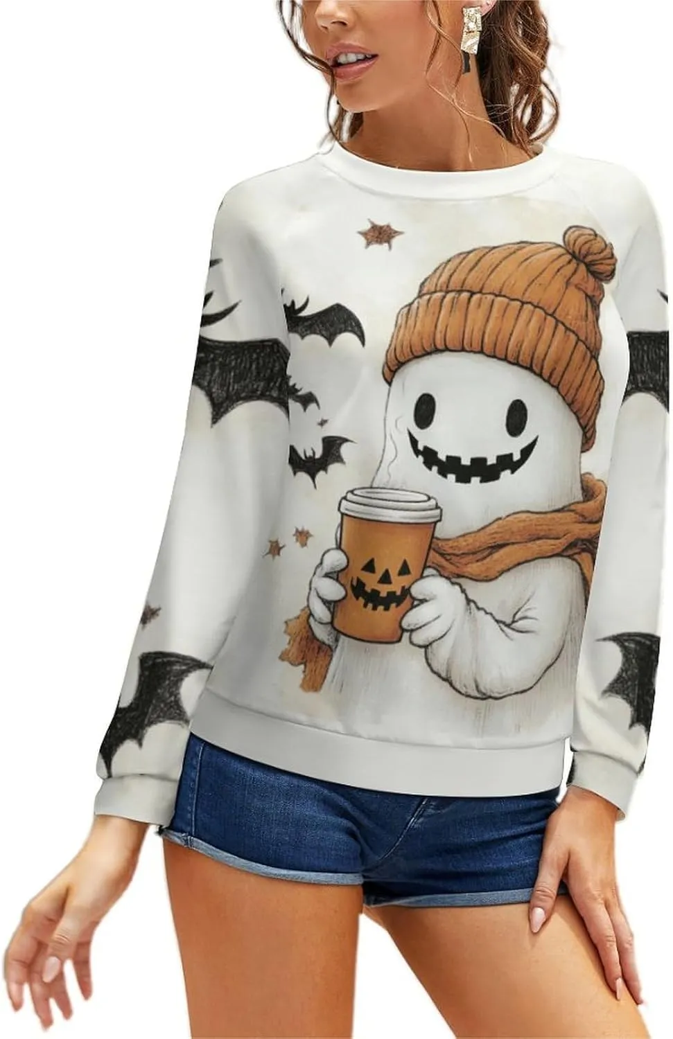 Halloween Spooky Season Cute Ghost Coffee Oversized Sweatshirt for Women Crewneck Long Sleeve Funny Fall Tops
