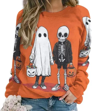 Halloween Spooky Season Cute Ghost Coffee Oversized Sweatshirt for Women Crewneck Long Sleeve Funny Fall Tops