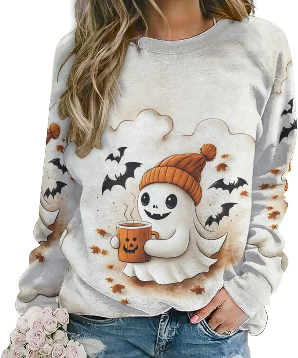 Halloween Spooky Season Cute Ghost Coffee Oversized Sweatshirt for Women Crewneck Long Sleeve Funny Fall Tops