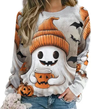 Halloween Spooky Season Cute Ghost Coffee Oversized Sweatshirt for Women Crewneck Long Sleeve Funny Fall Tops