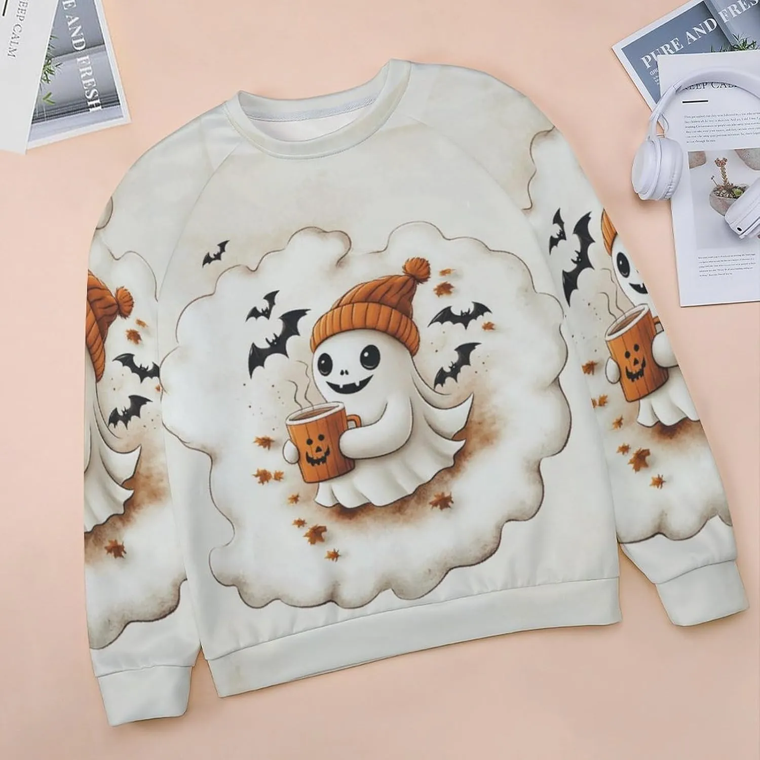 Halloween Spooky Season Cute Ghost Coffee Oversized Sweatshirt for Women Crewneck Long Sleeve Funny Fall Tops