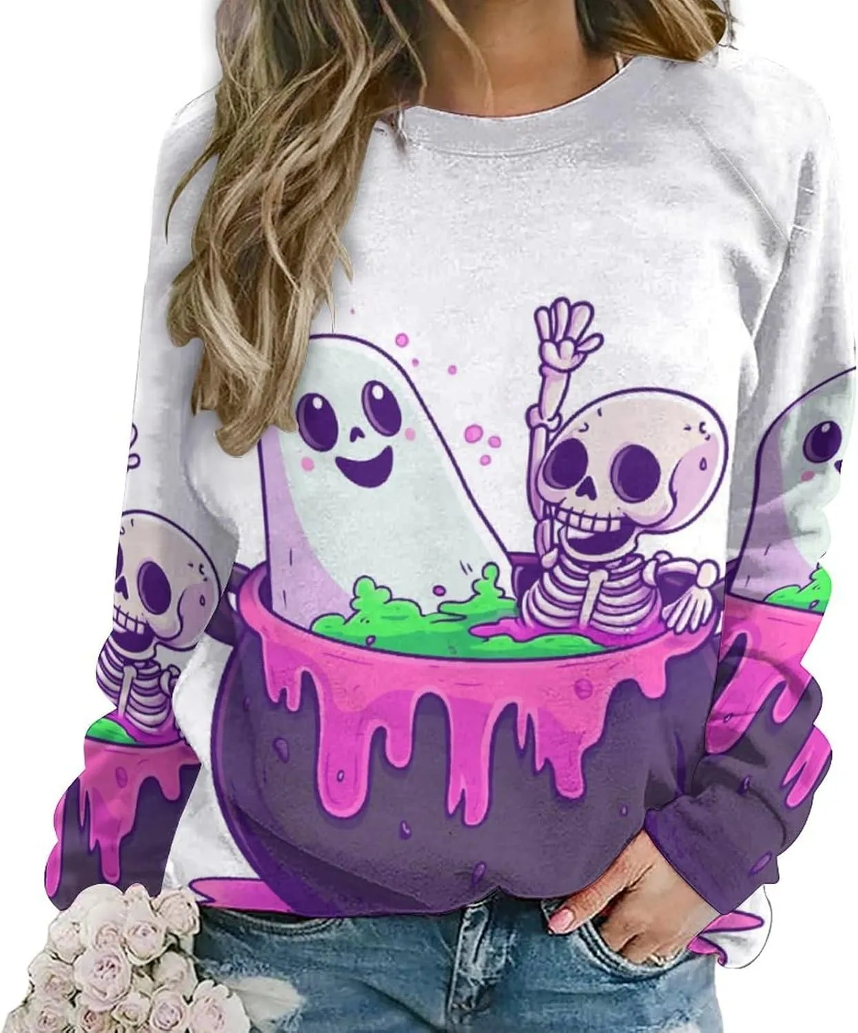 Halloween Spooky Season Cute Ghost Coffee Oversized Sweatshirt for Women Crewneck Long Sleeve Funny Fall Tops