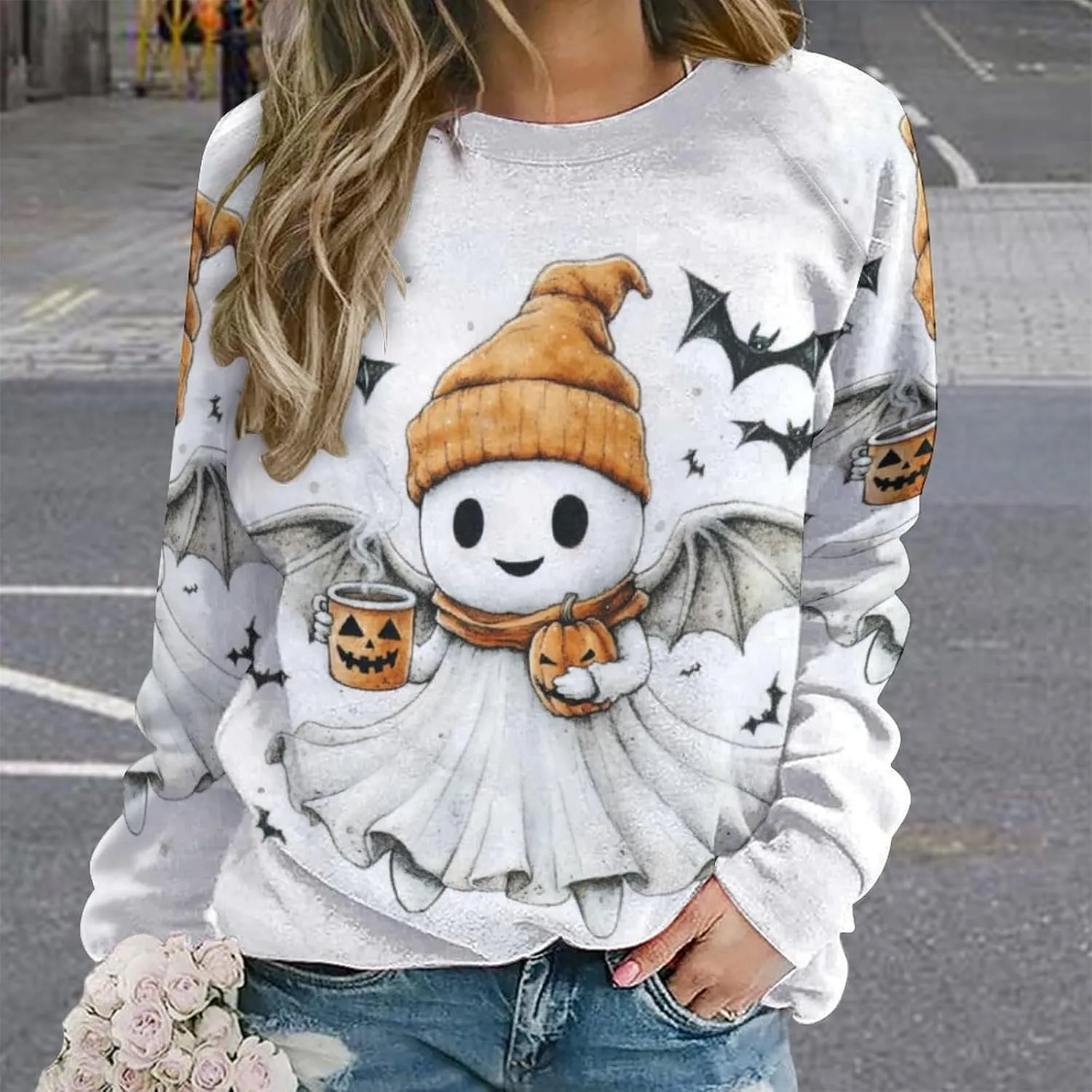 Halloween Spooky Season Cute Ghost Coffee Oversized Sweatshirt for Women Crewneck Long Sleeve Funny Fall Tops