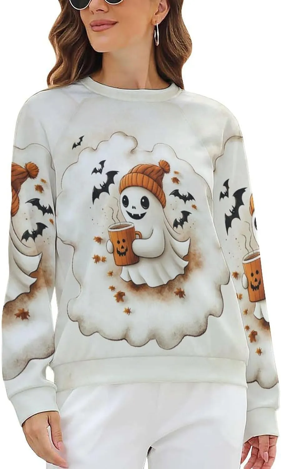 Halloween Spooky Season Cute Ghost Coffee Oversized Sweatshirt for Women Crewneck Long Sleeve Funny Fall Tops
