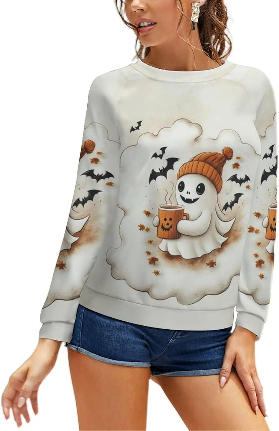 Halloween Spooky Season Cute Ghost Coffee Oversized Sweatshirt for Women Crewneck Long Sleeve Funny Fall Tops