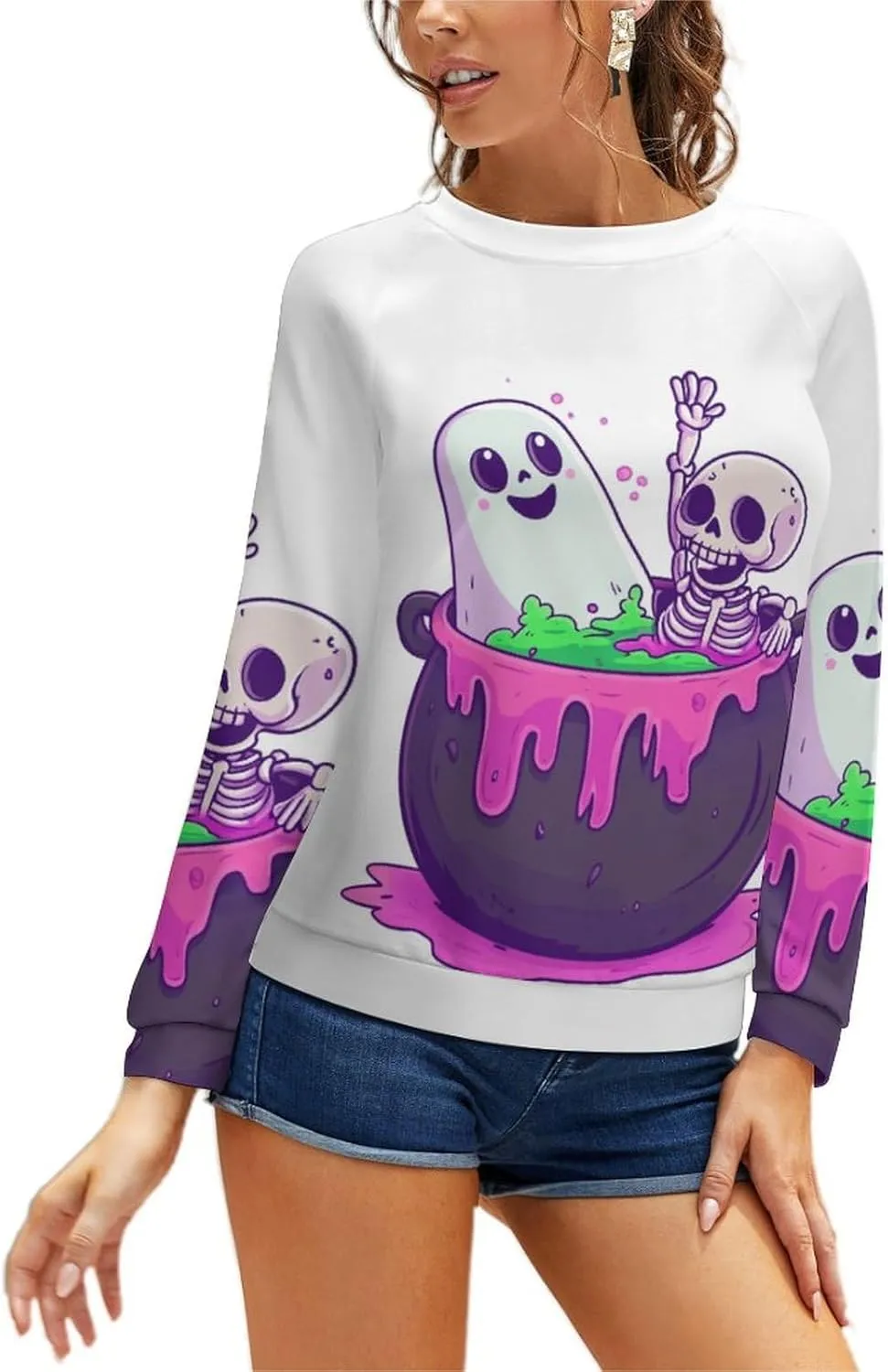 Halloween Spooky Season Cute Ghost Coffee Oversized Sweatshirt for Women Crewneck Long Sleeve Funny Fall Tops