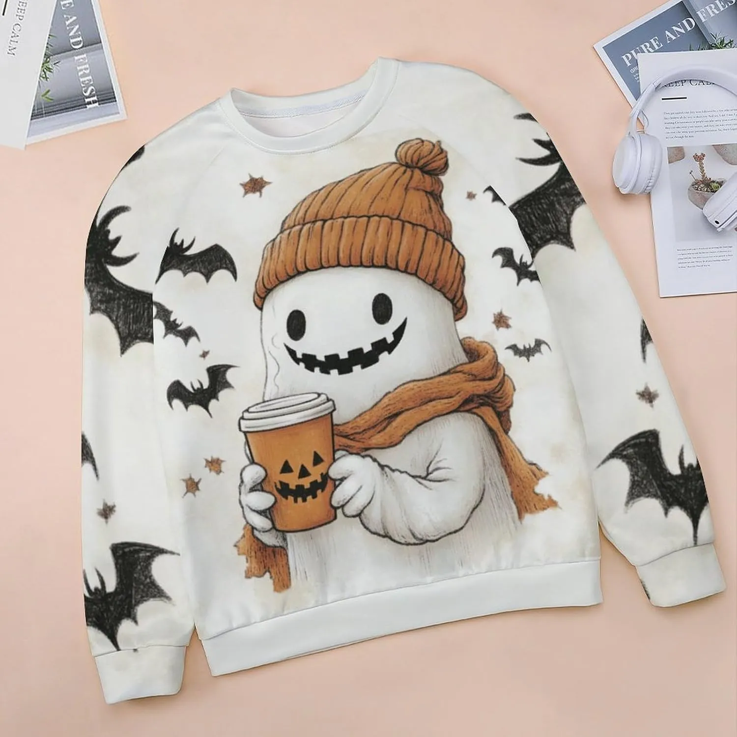Halloween Spooky Season Cute Ghost Coffee Oversized Sweatshirt for Women Crewneck Long Sleeve Funny Fall Tops