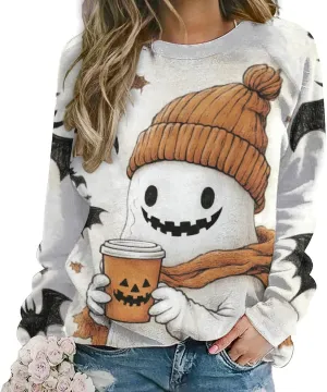 Halloween Spooky Season Cute Ghost Coffee Oversized Sweatshirt for Women Crewneck Long Sleeve Funny Fall Tops