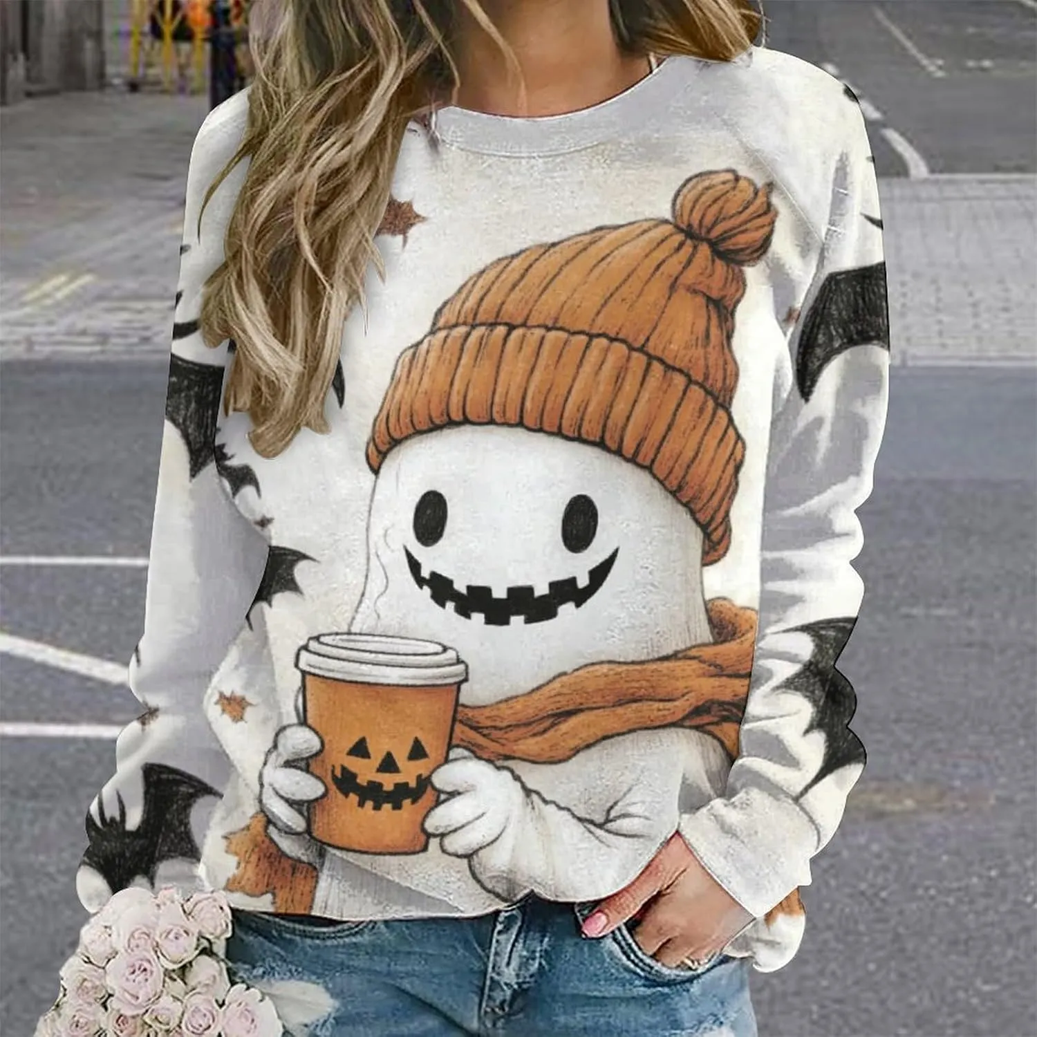 Halloween Spooky Season Cute Ghost Coffee Oversized Sweatshirt for Women Crewneck Long Sleeve Funny Fall Tops