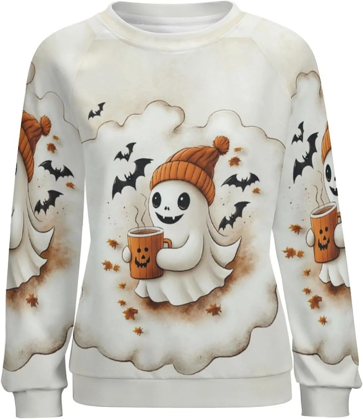 Halloween Spooky Season Cute Ghost Coffee Oversized Sweatshirt for Women Crewneck Long Sleeve Funny Fall Tops
