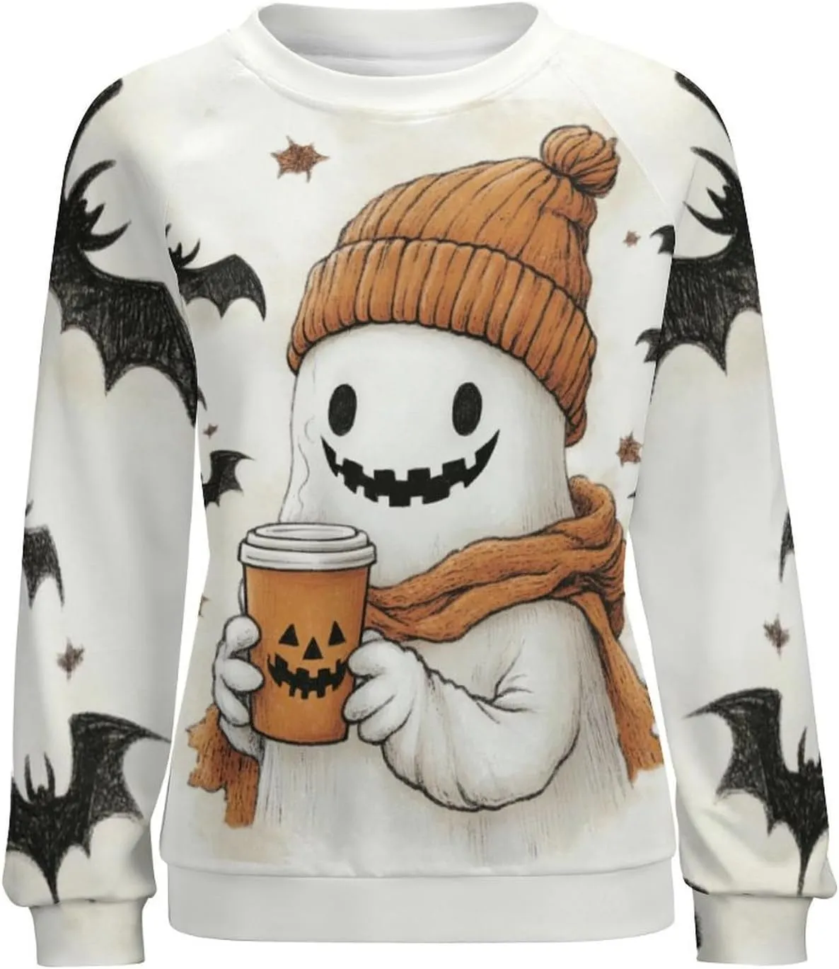 Halloween Spooky Season Cute Ghost Coffee Oversized Sweatshirt for Women Crewneck Long Sleeve Funny Fall Tops