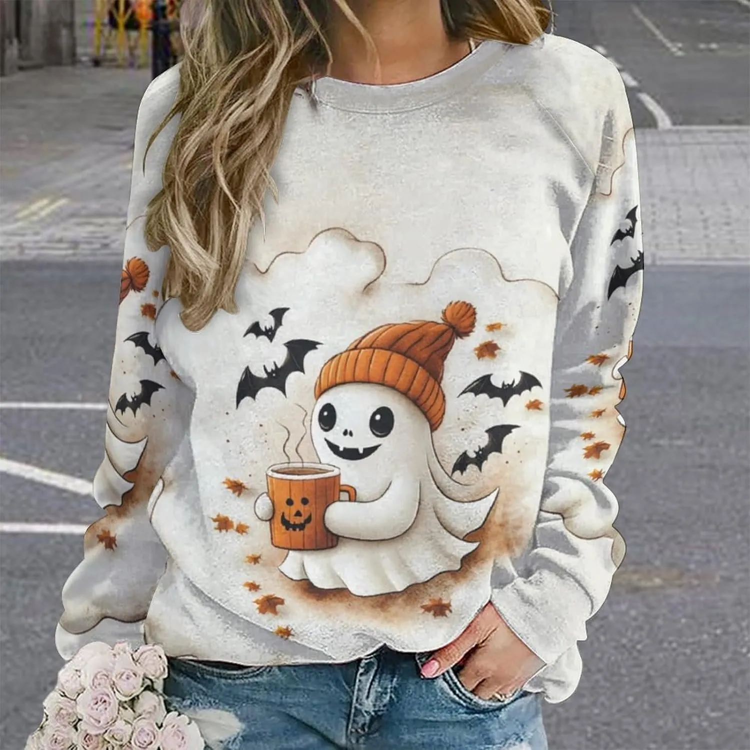 Halloween Spooky Season Cute Ghost Coffee Oversized Sweatshirt for Women Crewneck Long Sleeve Funny Fall Tops