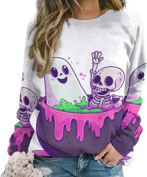 Halloween Spooky Season Cute Ghost Coffee Oversized Sweatshirt for Women Crewneck Long Sleeve Funny Fall Tops