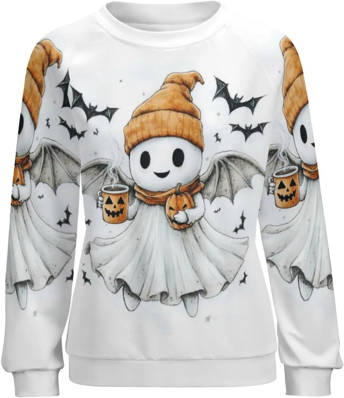 Halloween Spooky Season Cute Ghost Coffee Oversized Sweatshirt for Women Crewneck Long Sleeve Funny Fall Tops