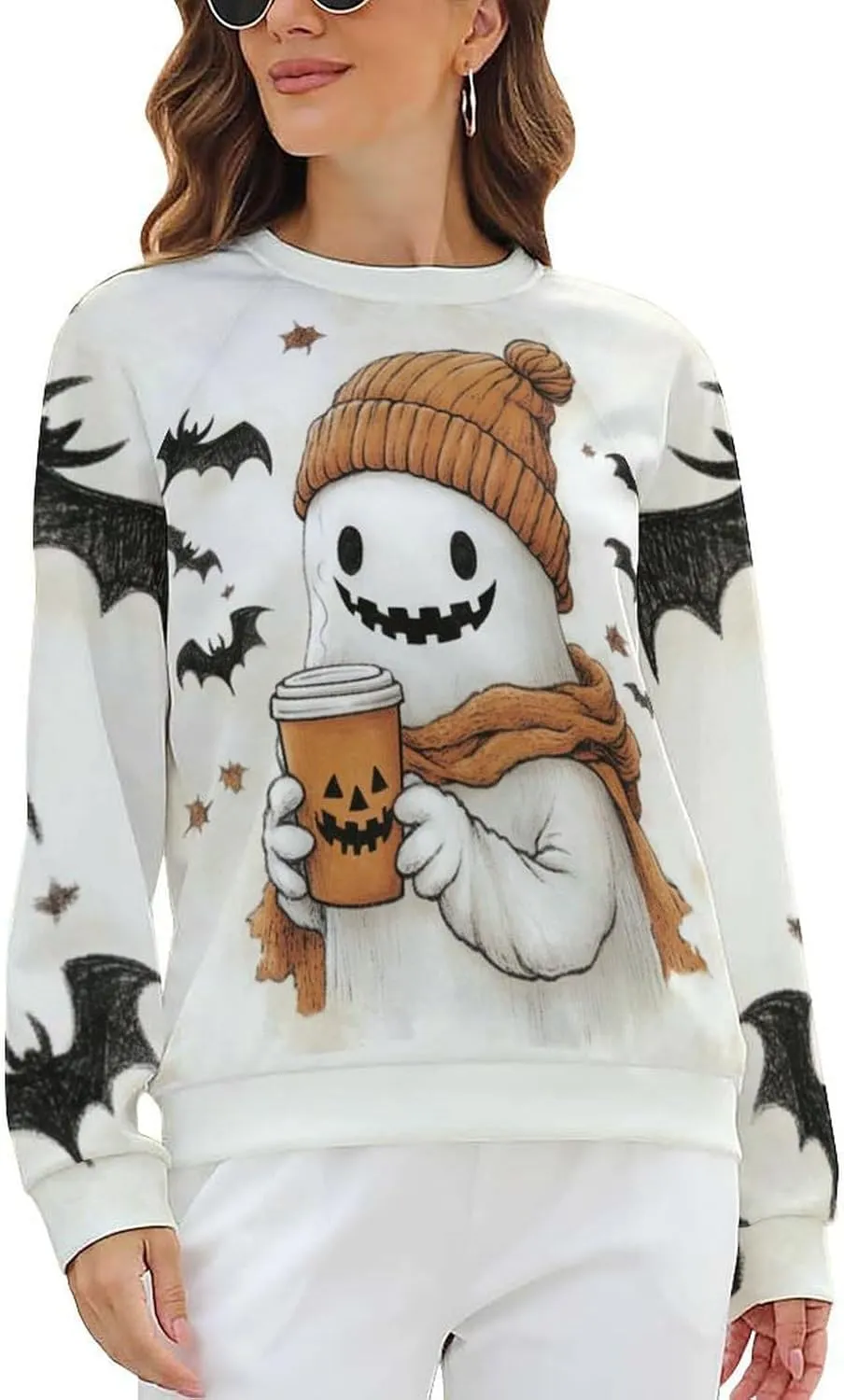 Halloween Spooky Season Cute Ghost Coffee Oversized Sweatshirt for Women Crewneck Long Sleeve Funny Fall Tops