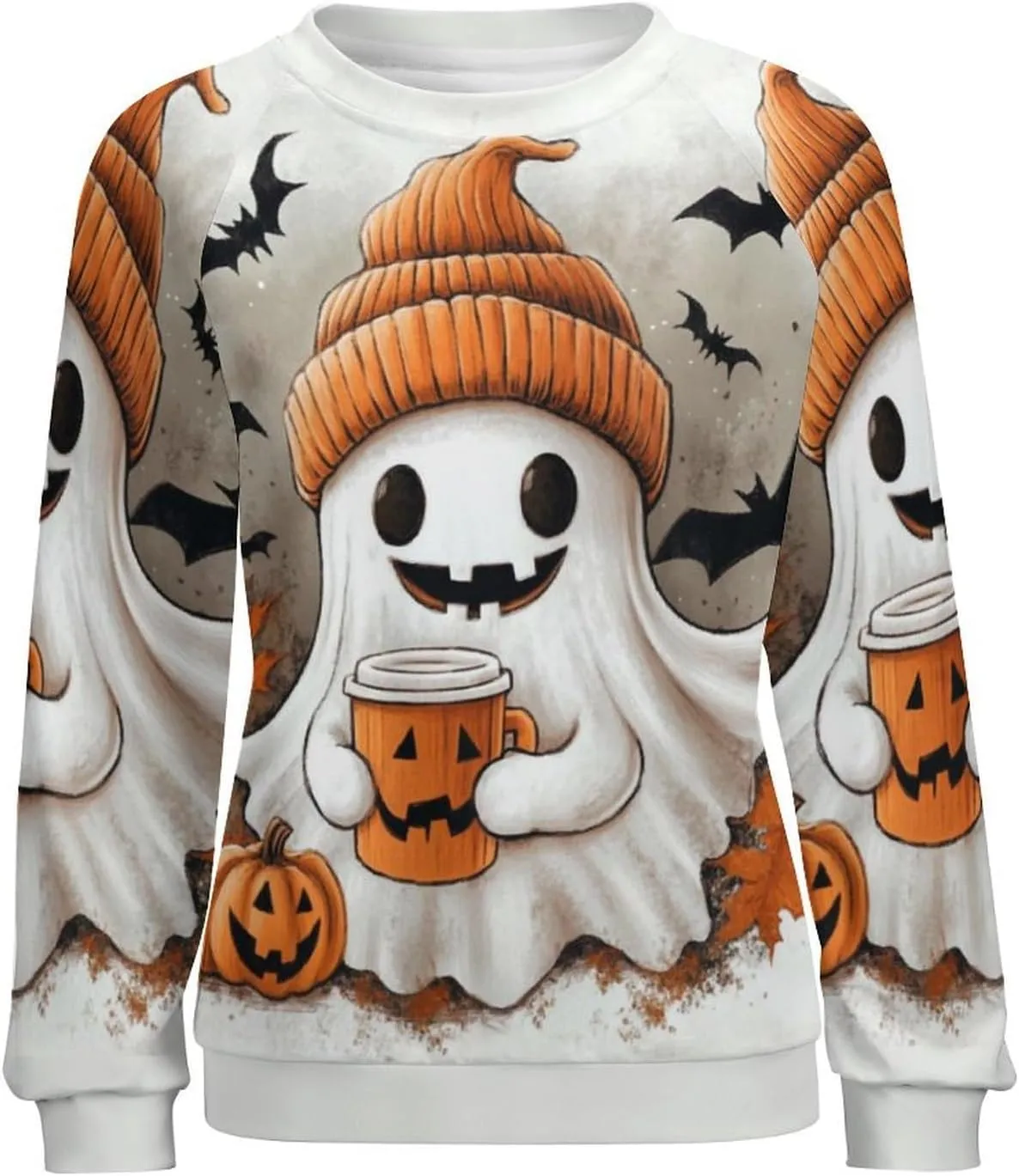 Halloween Spooky Season Cute Ghost Coffee Oversized Sweatshirt for Women Crewneck Long Sleeve Funny Fall Tops