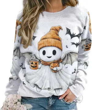 Halloween Spooky Season Cute Ghost Coffee Oversized Sweatshirt for Women Crewneck Long Sleeve Funny Fall Tops