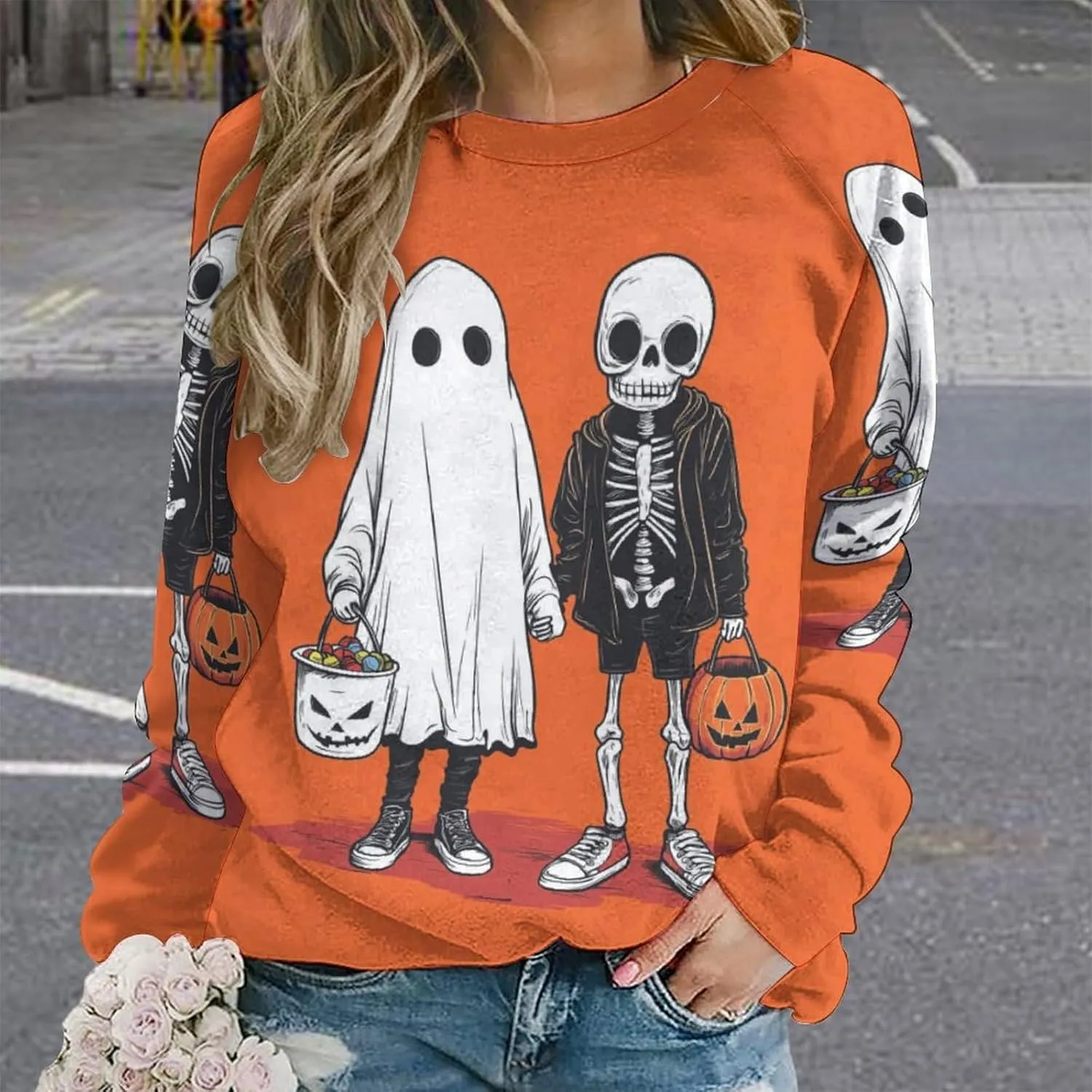 Halloween Spooky Season Cute Ghost Coffee Oversized Sweatshirt for Women Crewneck Long Sleeve Funny Fall Tops