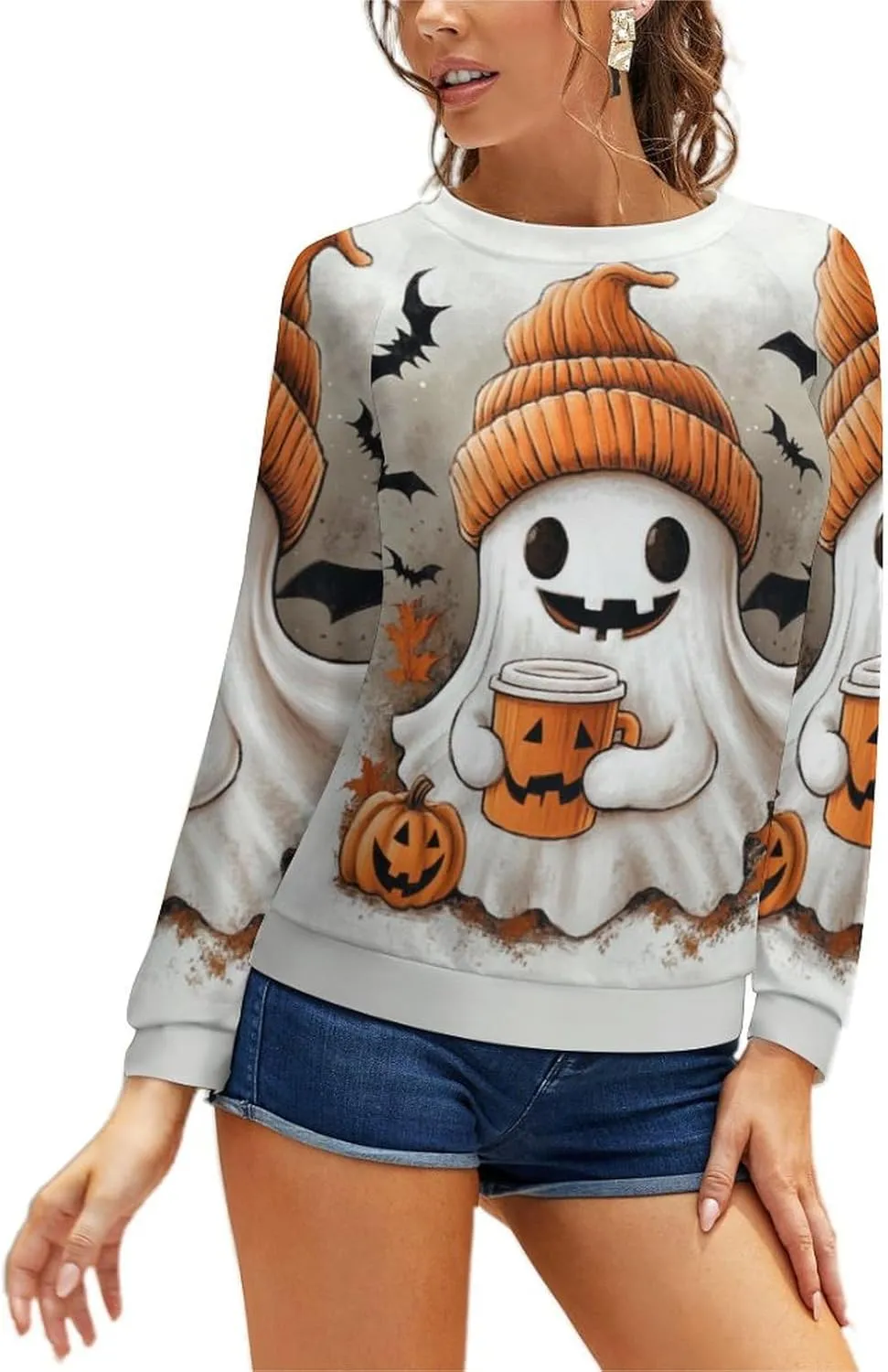 Halloween Spooky Season Cute Ghost Coffee Oversized Sweatshirt for Women Crewneck Long Sleeve Funny Fall Tops