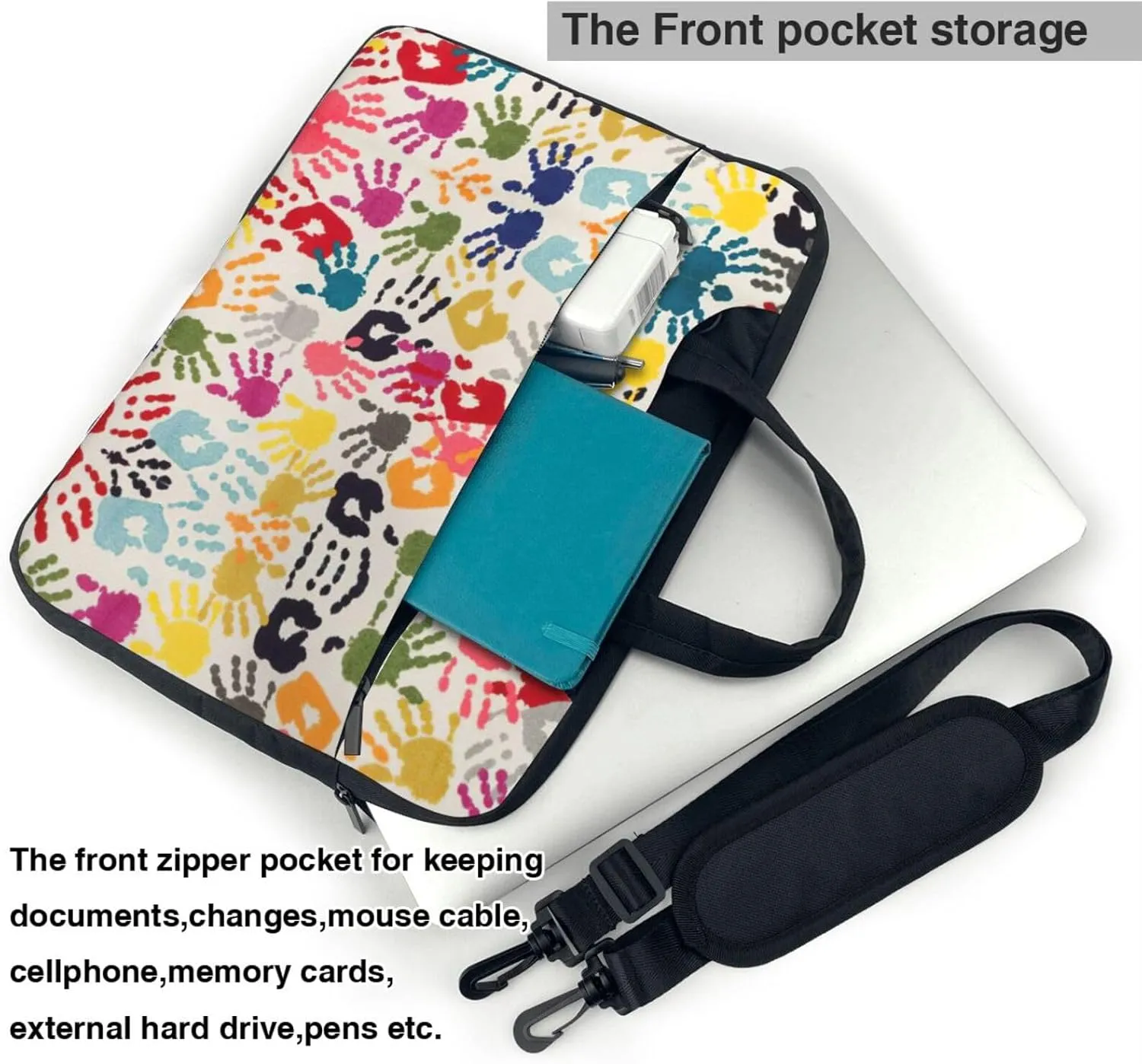 Hand Print Print Laptop Bag Laptop Case Shoulder Laptop Bag with Padded Protection Spacious Pockets, Black
