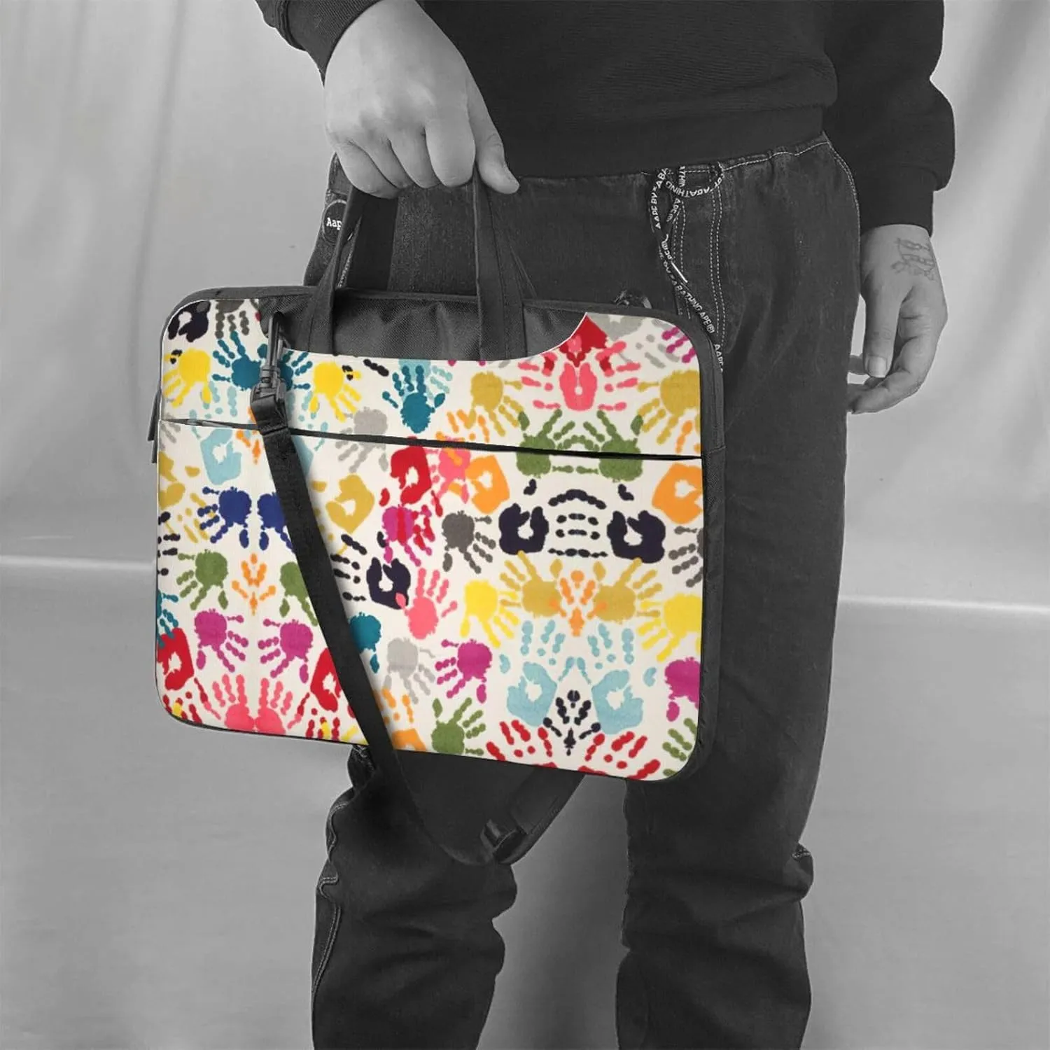Hand Print Print Laptop Bag Laptop Case Shoulder Laptop Bag with Padded Protection Spacious Pockets, Black