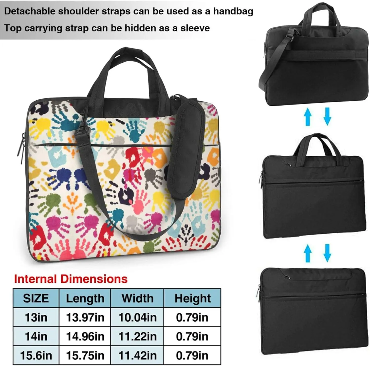 Hand Print Print Laptop Bag Laptop Case Shoulder Laptop Bag with Padded Protection Spacious Pockets, Black