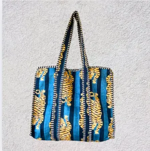 Handmade Boho Cotton Blue Tiger Quilted Bags Beach Tote Bag