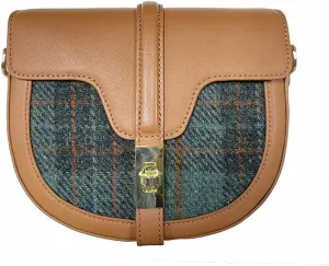 Harris Tweed Top-Grain Leather Classic Saddle Round Bag Versatile Single Shoulder Crossbody Bag Vintage Style for Women