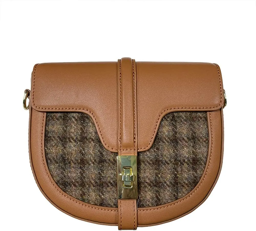 Harris Tweed Top-Grain Leather Classic Saddle Round Bag Versatile Single Shoulder Crossbody Bag Vintage Style for Women