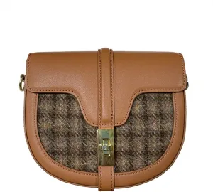 Harris Tweed Top-Grain Leather Classic Saddle Round Bag Versatile Single Shoulder Crossbody Bag Vintage Style for Women