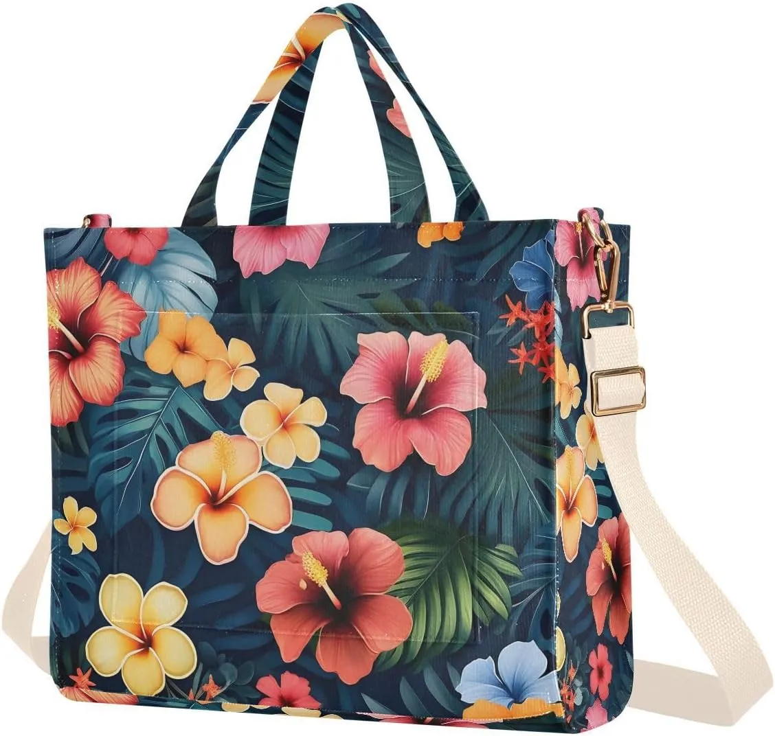 Hawaiian Floral Corduroy Tote Bag for Women Hobo Crossbody Bag Purse Stylish Shoulder Handbag Messenger Bags, S