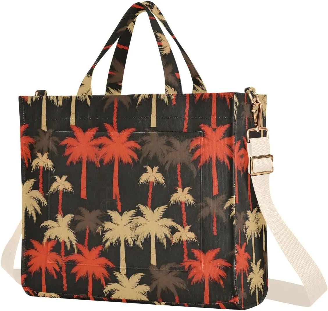 Hawaiian Palm Tree Corduroy Tote Bag for Women Hobo Crossbody Bag Purse Stylish Shoulder Handbag Messenger Bags, S