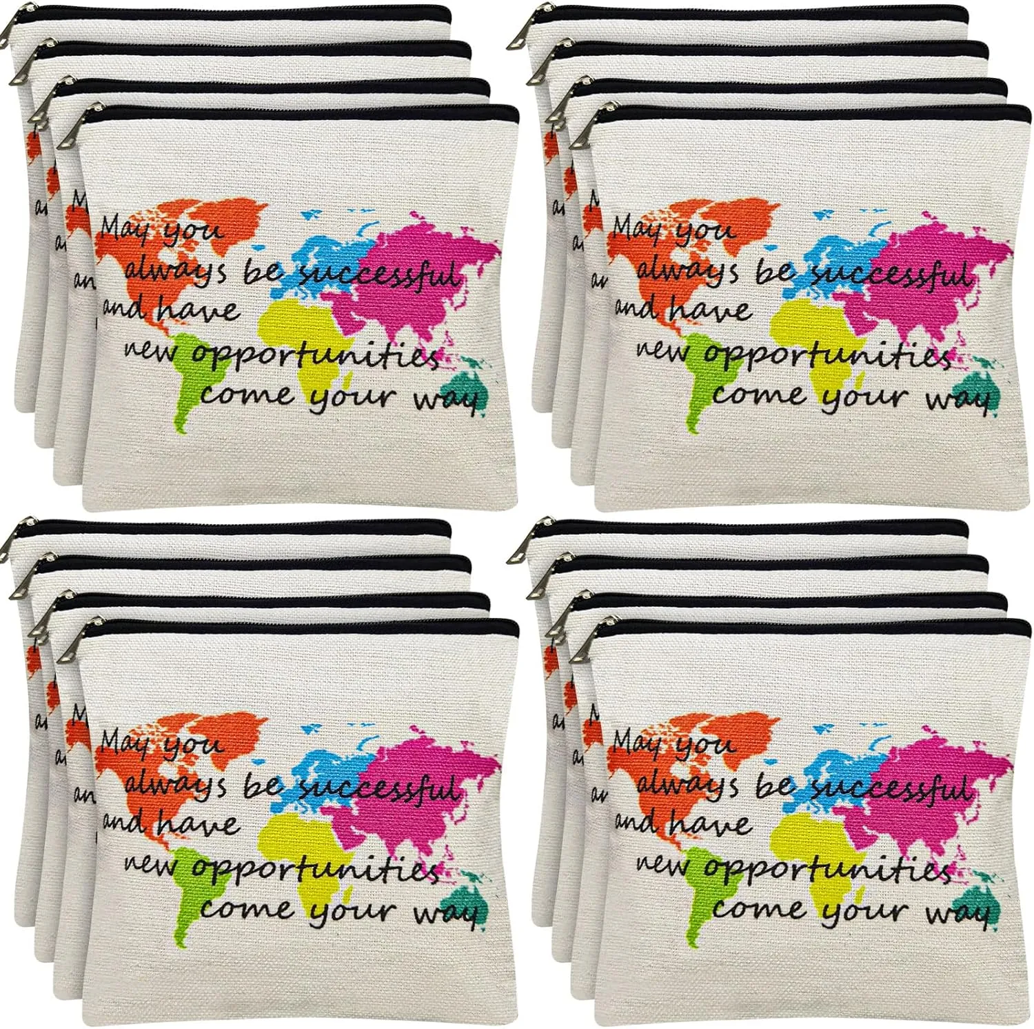 Hillban 16 Pack Inspirational Linen Makeup Bags Graduation Gift Cosmetic Bags Bulk with Zipper Travel Theme Party Favors Toiletry Pouch