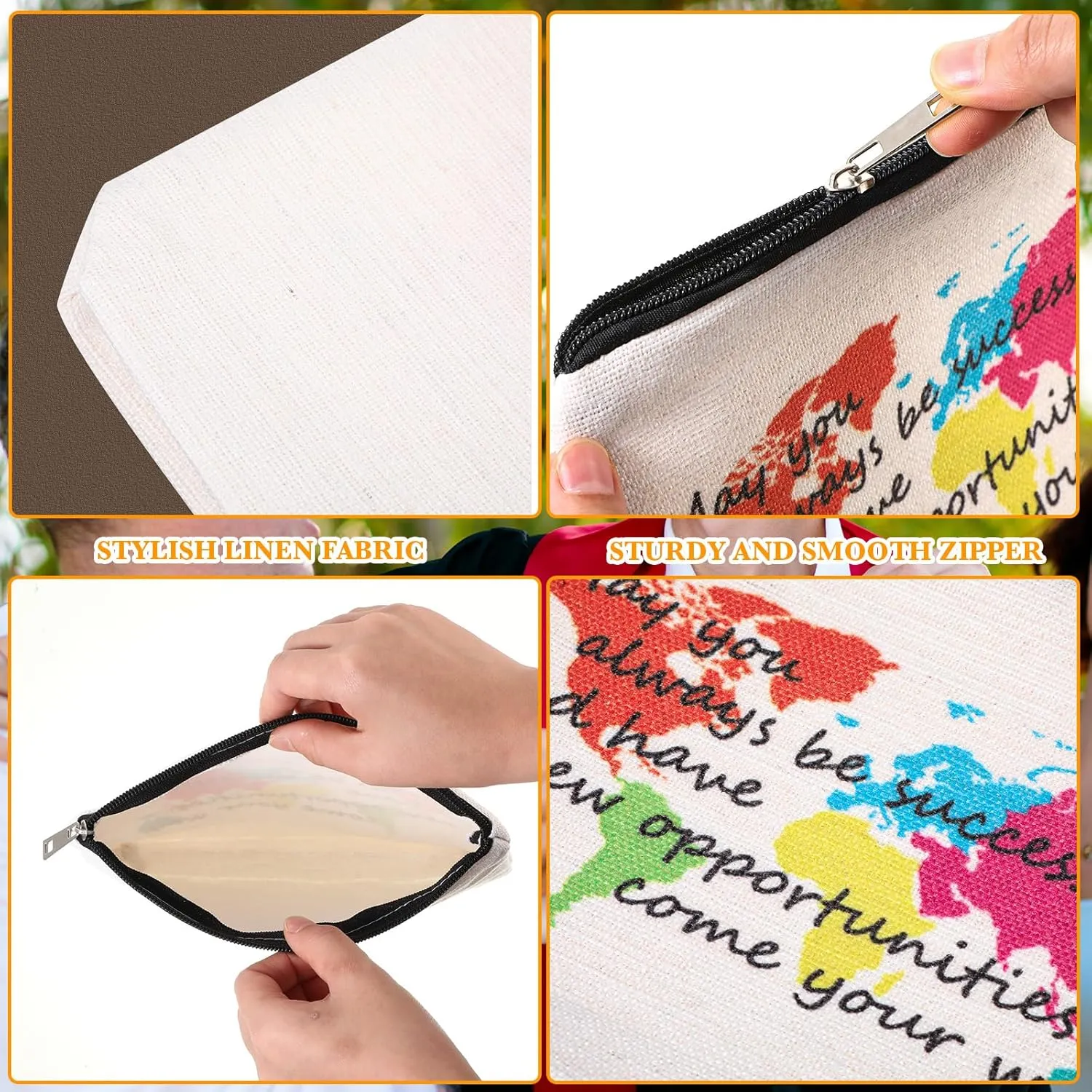 Hillban 16 Pack Inspirational Linen Makeup Bags Graduation Gift Cosmetic Bags Bulk with Zipper Travel Theme Party Favors Toiletry Pouch