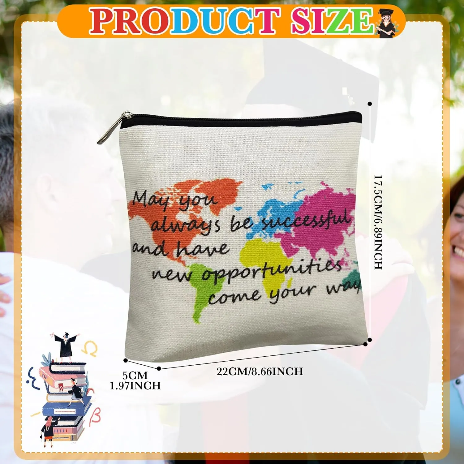Hillban 16 Pack Inspirational Linen Makeup Bags Graduation Gift Cosmetic Bags Bulk with Zipper Travel Theme Party Favors Toiletry Pouch