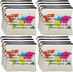 Hillban 16 Pack Inspirational Linen Makeup Bags Graduation Gift Cosmetic Bags Bulk with Zipper Travel Theme Party Favors Toiletry Pouch