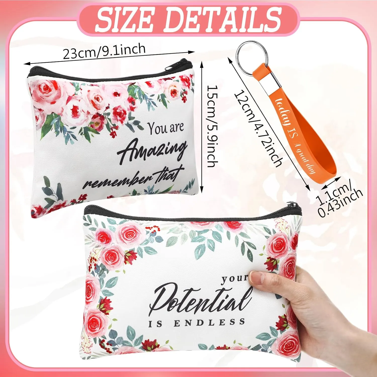 Hillban 32 Pcs Canvas Cosmetic Bag Bulk with Inspirational Quote Keychains Women Canvas Makeup Bag Graduation Gift Travel Toiletry Coin Pouch for Graduation Mother's Day Birthday Party(Flowers)