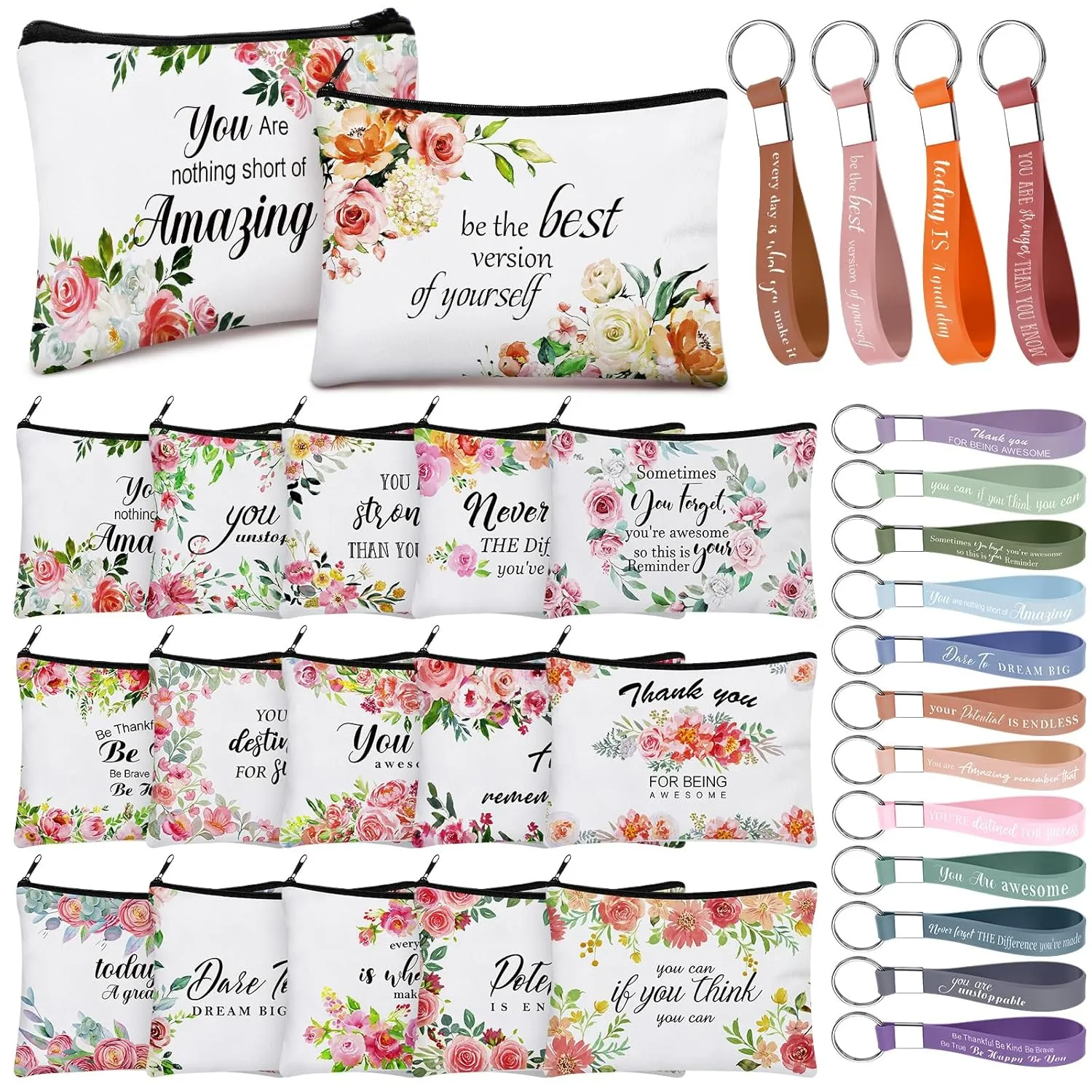 Hillban 32 Pcs Canvas Cosmetic Bag Bulk with Inspirational Quote Keychains Women Canvas Makeup Bag Graduation Gift Travel Toiletry Coin Pouch for Graduation Mother's Day Birthday Party(Flowers)