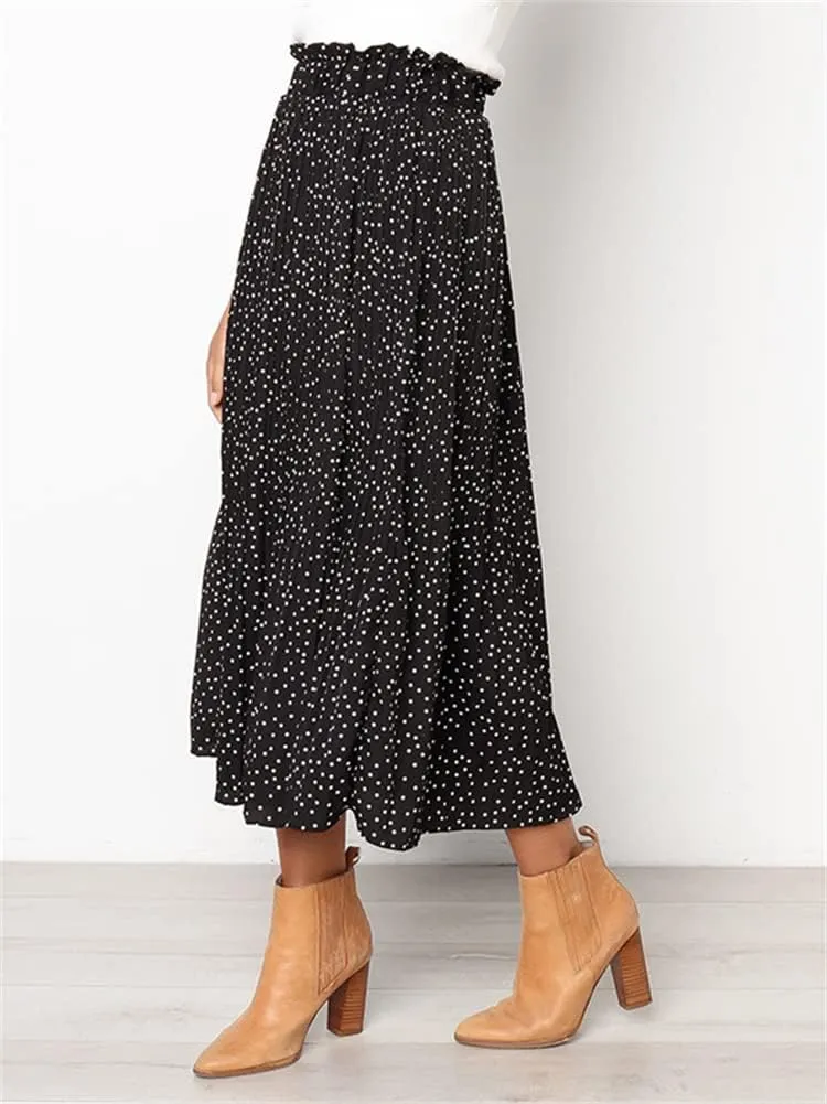 HOULENGS Women's Casual Print Pleated Long Skirts Elastic High Waist Ruffle Maxi Skirt with Pockets