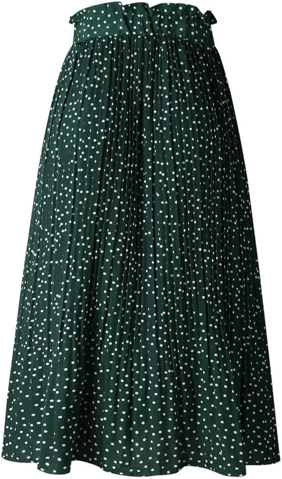 HOULENGS Women's Casual Print Pleated Long Skirts Elastic High Waist Ruffle Maxi Skirt with Pockets