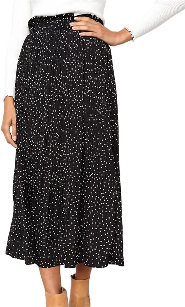HOULENGS Women's Casual Print Pleated Long Skirts Elastic High Waist Ruffle Maxi Skirt with Pockets