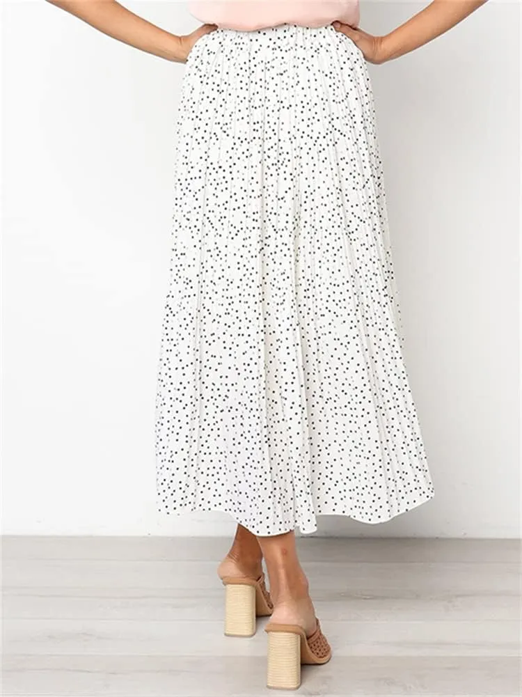 HOULENGS Women's Casual Print Pleated Long Skirts Elastic High Waist Ruffle Maxi Skirt with Pockets
