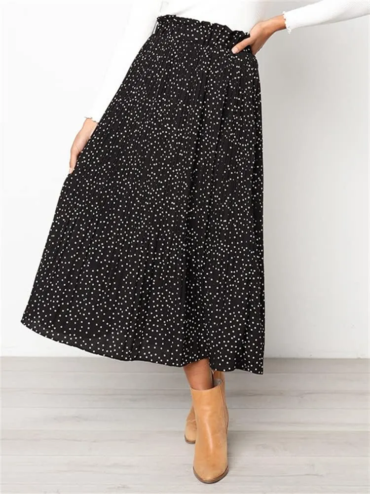 HOULENGS Women's Casual Print Pleated Long Skirts Elastic High Waist Ruffle Maxi Skirt with Pockets
